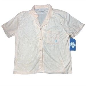 Life Is Good Peach Floral Terry Short Sleeve Button Collar Sleep Shirt NWT Large